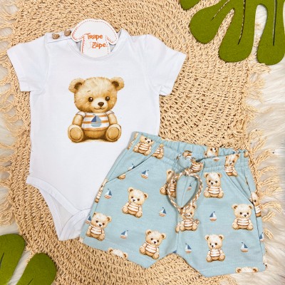 Conj. Body Ursinho e Bermuda Barquinhos - Branco e Azul